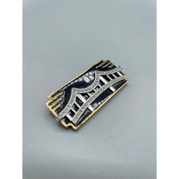 Vintage Signed MONET Pin Brooch Art Deco Inspired Black Enamel Over Gold Tone - Picture 2 of 14